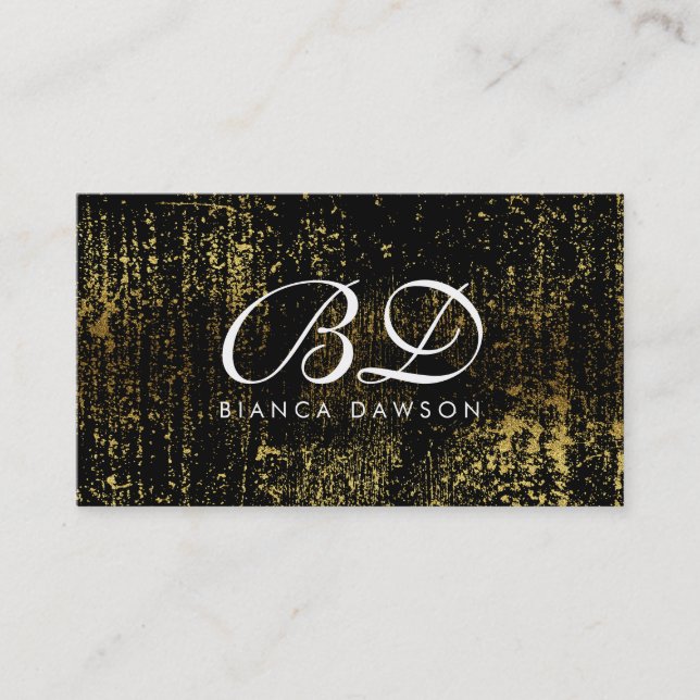 Fancy Monogram Script Gold Grunge Business Card (Front)