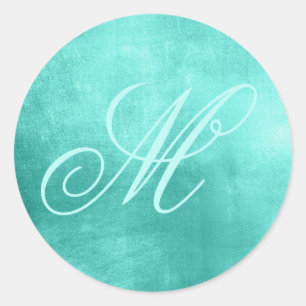 Fancy Monogram Shiny Faux Turquoise Foil Classic Round Sticker