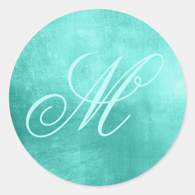 Fancy Monogram Shiny Faux Turquoise Foil Classic Round Sticker (Front)