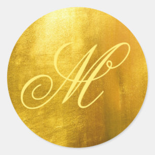 Fancy Monogram Shiny Faux Yellow Gold Foil Classic Round Sticker