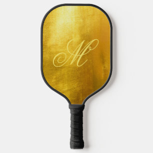 Fancy Monogram Shiny Faux Yellow Gold Foil Pickleball Paddle