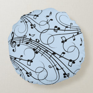 Fancy Music Notes Blue Round Cushion
