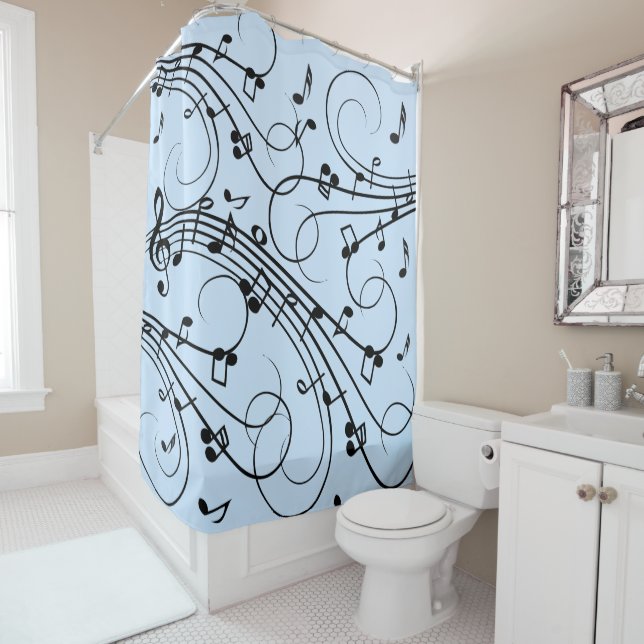 Fancy Music Notes Blue Shower Curtain (In Situ)