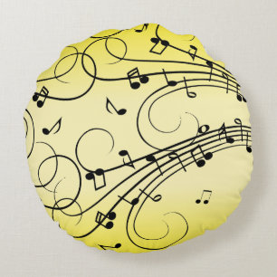 Fancy Music Notes Yellow Round Cushion