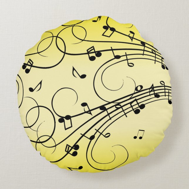 Fancy Music Notes Yellow Round Cushion (Back)