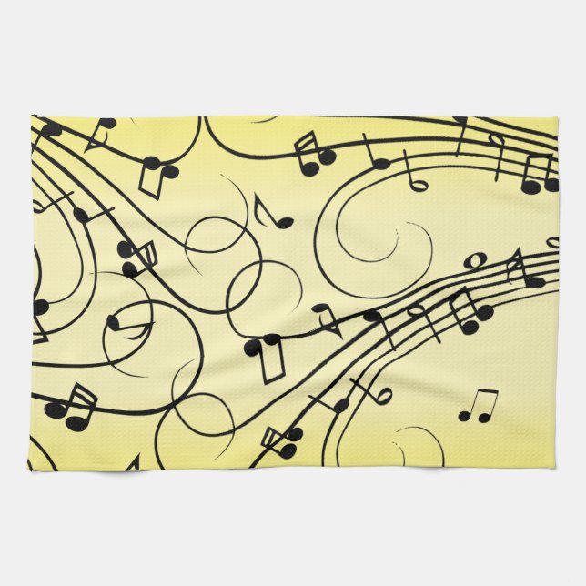 Fancy Music Notes Yellow Tea Towel (Horizontal)