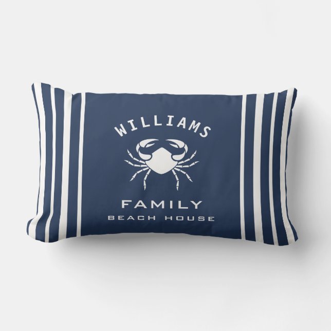 Fancy Navy Blue White Crab Family Name Beach House Lumbar Cushion (Front)