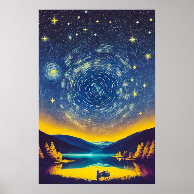 Fancy Nightscape Stars Spiral Retro Painting Poster (Front)