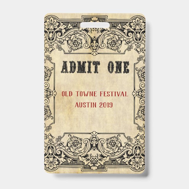 Fancy Old Fashioned Ticket Schedule ID Badge (Front)