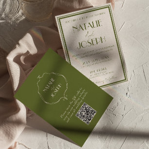 Fancy Old Money Olive Green Luxury QR Code Wedding Invitation