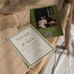 Fancy Old Money Olive Green QR Code Photo Wedding Invitation