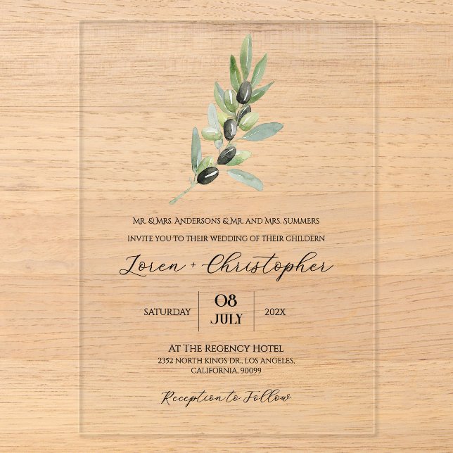 Fancy olive branch and modern calligraphy acrylic invitations (Front)
