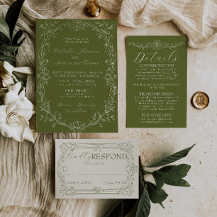 Fancy Olive Green Floral Old Money Wedding Invitation