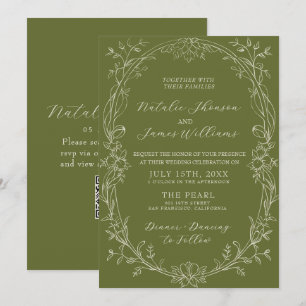 Fancy Olive Green Floral QR Code Old Money Wedding Invitation