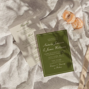 Fancy Olive Green Old Money All In One Wedding Invitation
