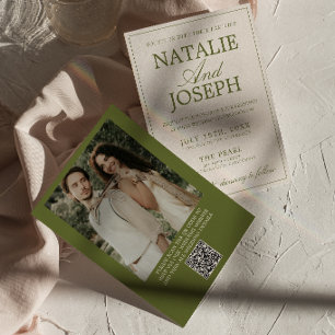 Fancy Olive Green Old Money Photo QR Code Wedding Invitation
