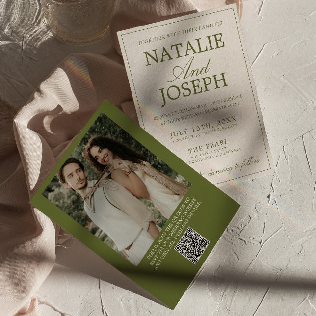 Fancy Olive Green Old Money Photo QR Code Wedding Invitation (Creator Uploaded)