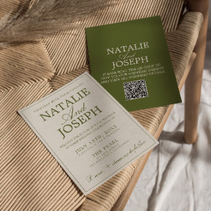 Fancy Olive Green Old Money Retro QR Code Wedding Invitation