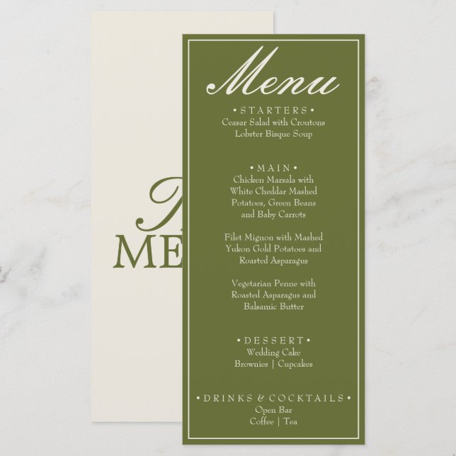 Fancy Olive Green Old Money Retro Wedding Menu (Front/Back)