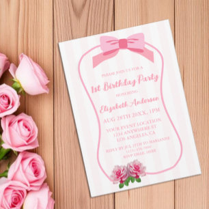 Fancy One Bow Floral 1st Birthday Invitation