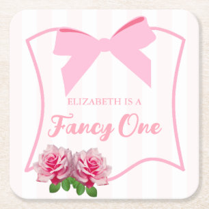 Fancy One Bow Floral 1st Birthday Square Paper Coaster
