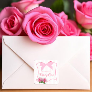 Fancy One Bow Floral 1st Birthday Square Sticker