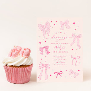 Fancy ONE Coquette Bow Pink Birthday Party Invitation