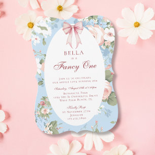 Fancy One Pink Blue Bow Floral 1st Birthday Invitation