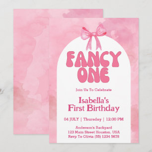 Fancy One Pink Bow Coquette Girl 1st Birthday  Invitation