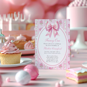 Fancy One Pink Coquette Bow Birthday Party Invitation