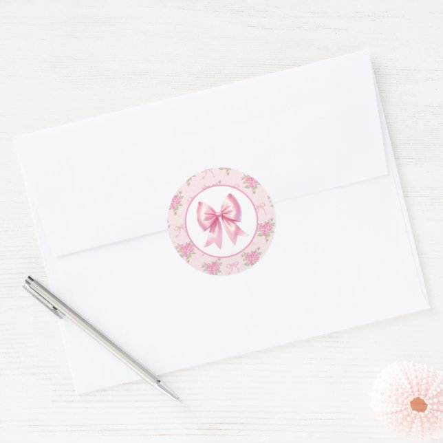 Fancy One Pink Coquette Bow First Birthday  Classic Round Sticker (Envelope)