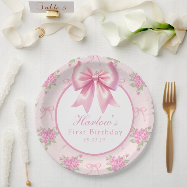 Fancy One Pink Coquette Bow First Birthday  Paper Plate (Wedding)