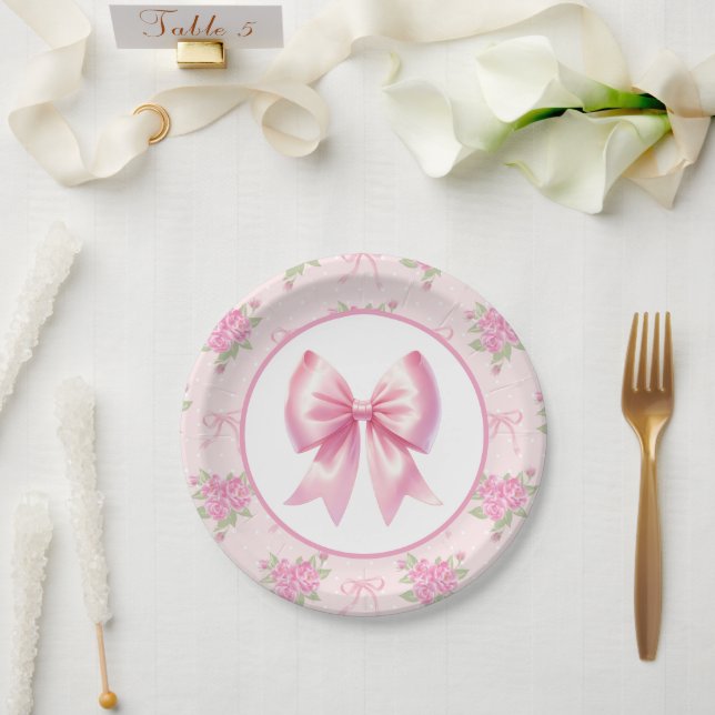 Fancy One Pink Coquette Bow First Birthday  Paper Plate (Wedding)