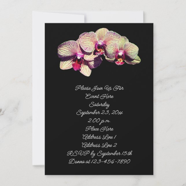 Fancy Orchids On Black Floral Party Invitation (Front)