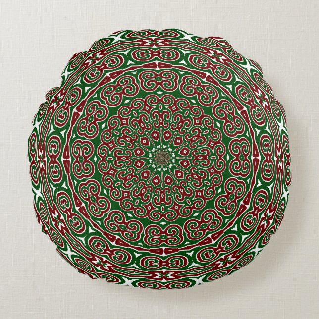 Fancy Ornate Maximalist Groovy Christmas Mandala Round Cushion (Front)