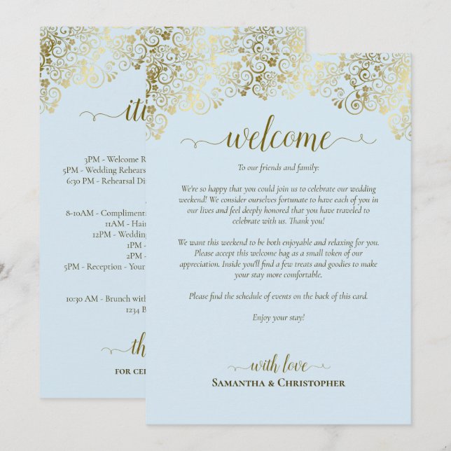 Fancy Pale Blue & Gold Wedding Welcome & Itinerary Programme (Front/Back)
