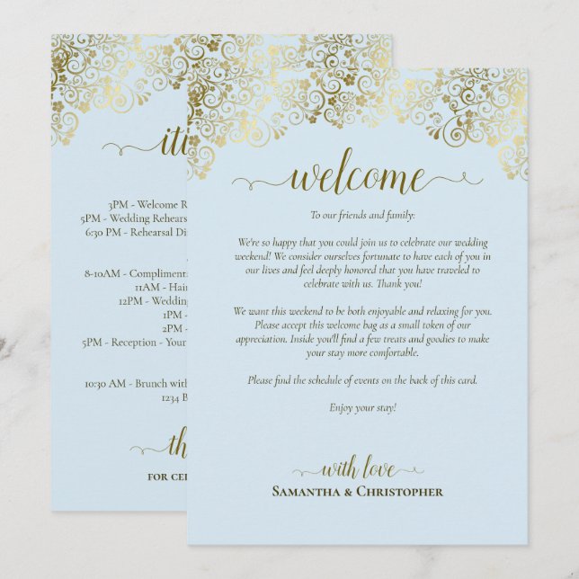 Fancy Pale Blue & Gold Wedding Welcome & Itinerary Programme (Front/Back)