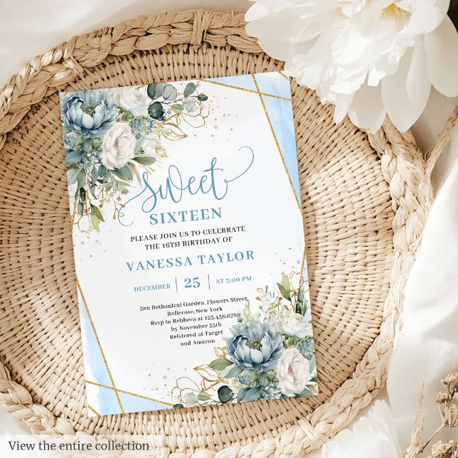 Fancy Pastel Blue White Gold Floral Sweet Sixteen Invitation (Fancy Pastel Blue White Gold Floral Sweet 16 Invitation)