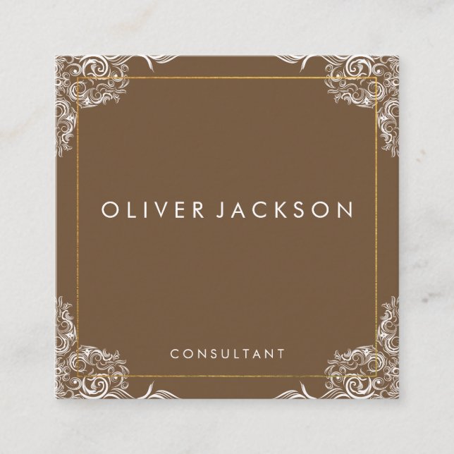 Fancy Pattern Gold Border / Brown Square Business Card (Front)