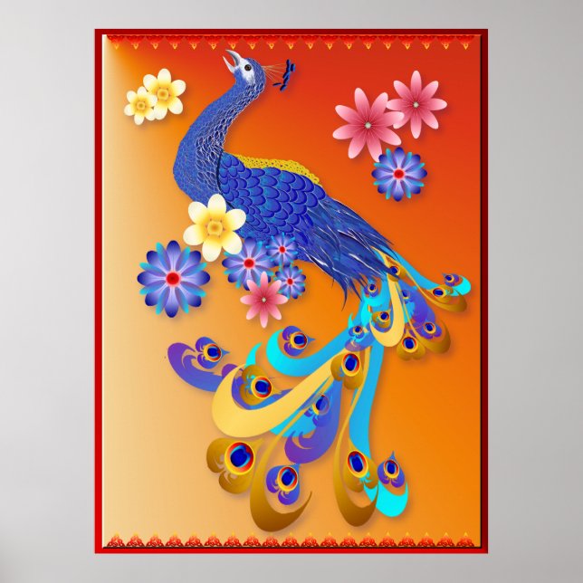 Fancy Peacock and Flowers Poster (Front)