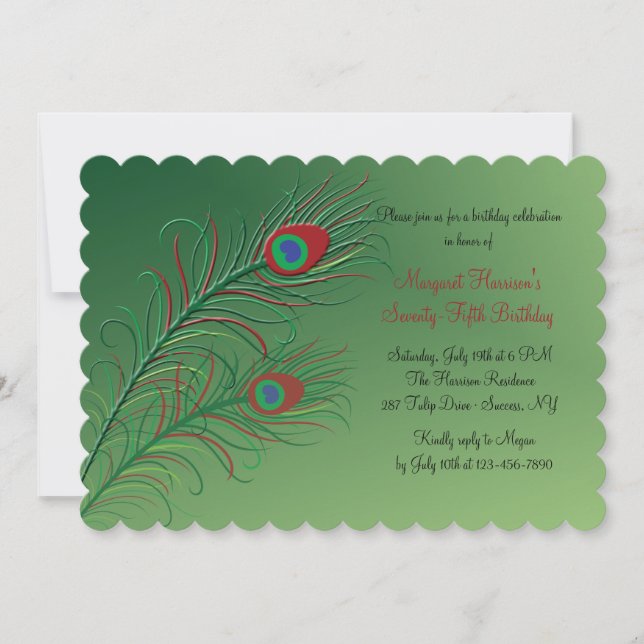Fancy Peacock Feathers Green Invitation (Front)