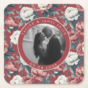 Fancy Peonies Flower Seasonal Wedding Square Paper Coaster