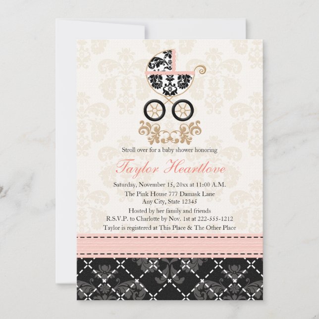 Fancy Pink and Black Damask Carriage Baby Shower Invitation (Front)