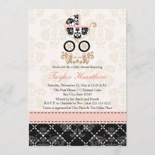 Fancy Pink and Black Damask Carriage Baby Shower Invitation