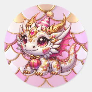 Fancy Pink and Gold Dragon Girl's Birthday  Classic Round Sticker