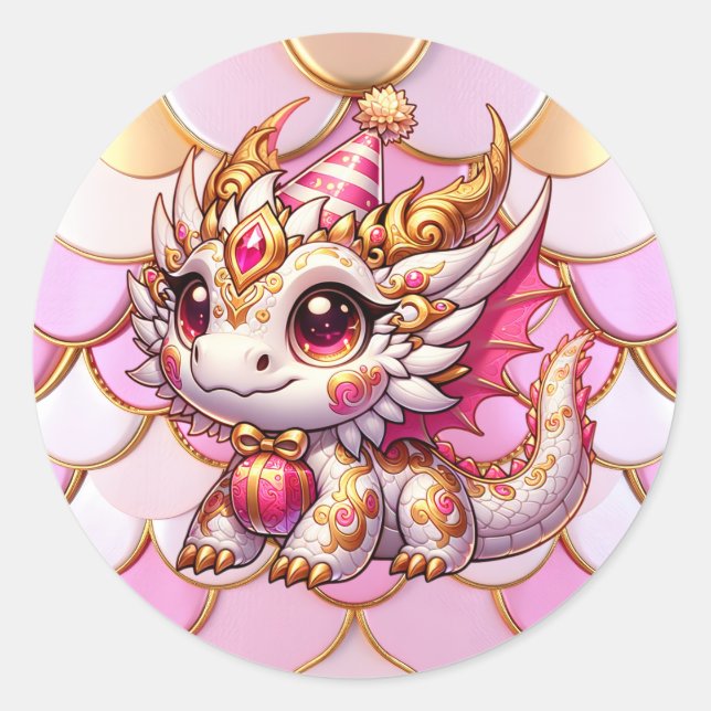 Fancy Pink and Gold Dragon Girl's Birthday  Classic Round Sticker (Front)