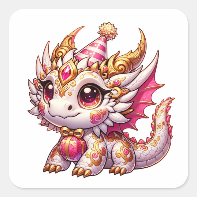 Fancy Pink and Gold Dragon Girl's Birthday  Square Sticker (Front)