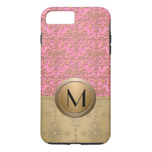 Fancy Pink and Gold Monogram Damask Pattern iPhone 8 Plus/7 Plus Case