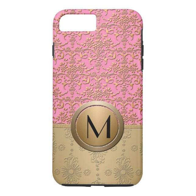 Fancy Pink and Gold Monogram Damask Pattern Case-Mate iPhone Case (Back)