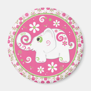 Fancy Pink and Green Elephant and Floral Magnet